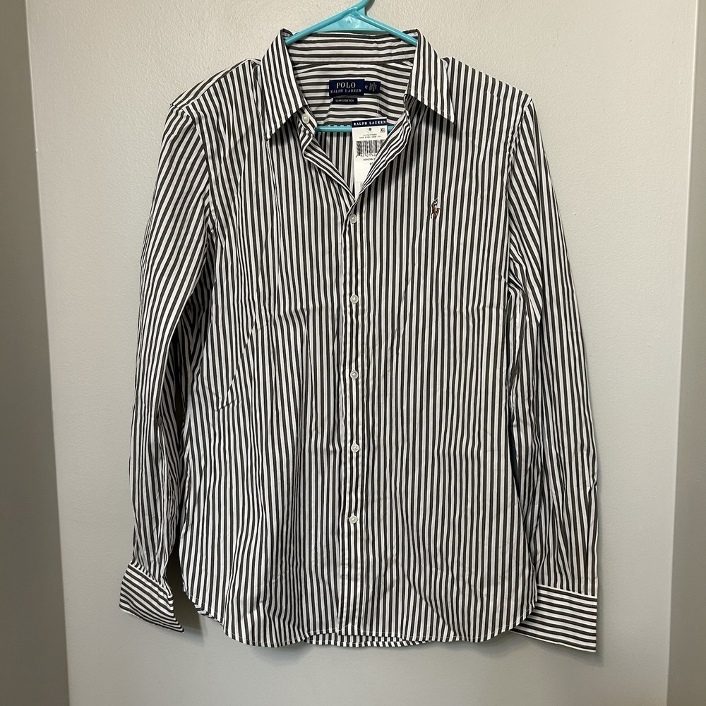 Ralph Lauren women's Dress shirt Button Down Green Striped Long Sleeve Sz 12 New